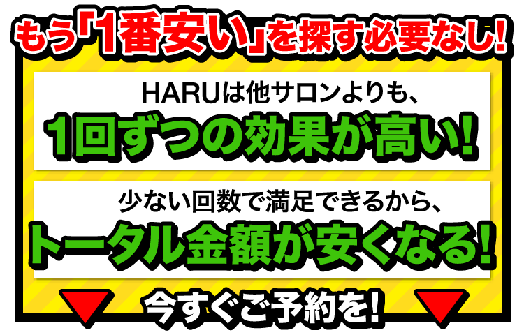 もう「1番安い」を探す必要なし！HARUは他サロンよりも、1回ずつの効果が高い！少ない回数で満足できるから、トータル金額が安くなる！今すぐご予約を！